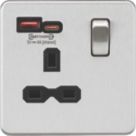 Knightsbridge  13A 1-Gang SP Switched Socket + 4.0A 18W 2-Outlet Type A & C USB Charger Brushed Chrome with Black Inserts