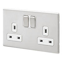 MK Aspect 13A 2-Gang DP Switched Plug Socket Brushed Stainless Steel  with White Inserts
