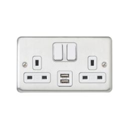 MK Contoura 13A 2-Gang DP Switched Socket + 2A 10.5W 2-Outlet Type A USB Charger Brushed Stainless Steel with White Inserts