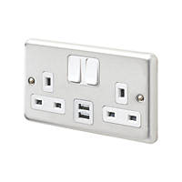 MK Contoura 13A 2-Gang DP Switched Socket + 2A 2-Outlet Type A USB Charger Brushed Stainless Steel with White Inserts