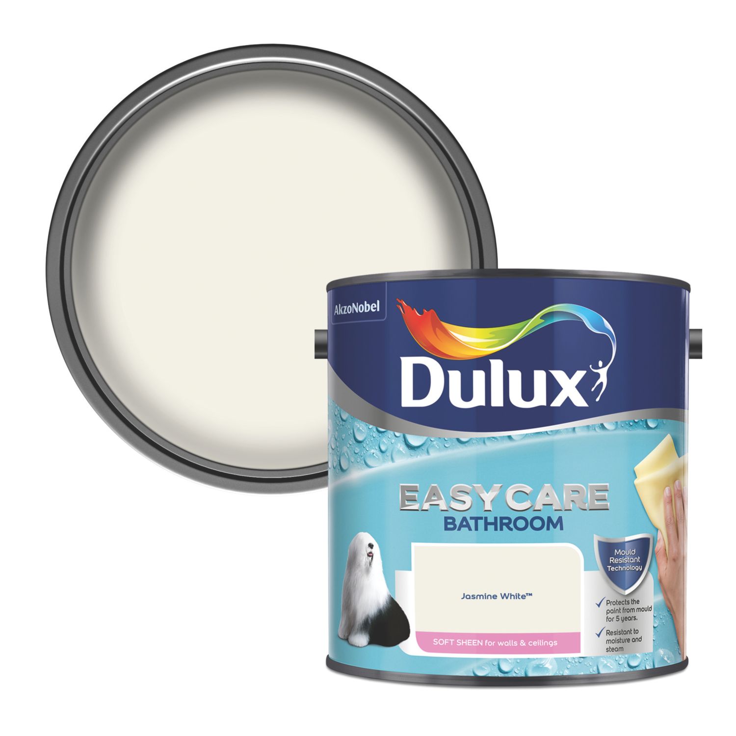Dulux Easycare 2.5Ltr Jasmine White Soft Sheen Emulsion Bathroom Paint (73981)