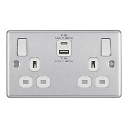 LAP  13A 2-Gang SP Switched Socket + 3A 22W 2-Outlet Type A & C USB Charger Brushed Steel with White Inserts