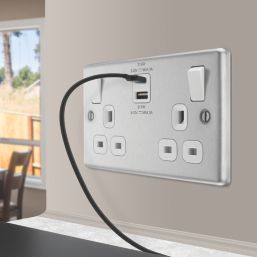 LAP  13A 2-Gang SP Switched Socket + 3A 22W 2-Outlet Type A & C USB Charger Brushed Steel with White Inserts
