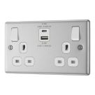 LAP  13A 2-Gang SP Switched Socket + 3A 22W 2-Outlet Type A & C USB Charger Brushed Steel with White Inserts