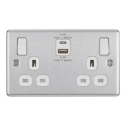 LAP  13A 2-Gang SP Switched Socket + 3A 22W 2-Outlet Type A & C USB Charger Brushed Steel with White Inserts