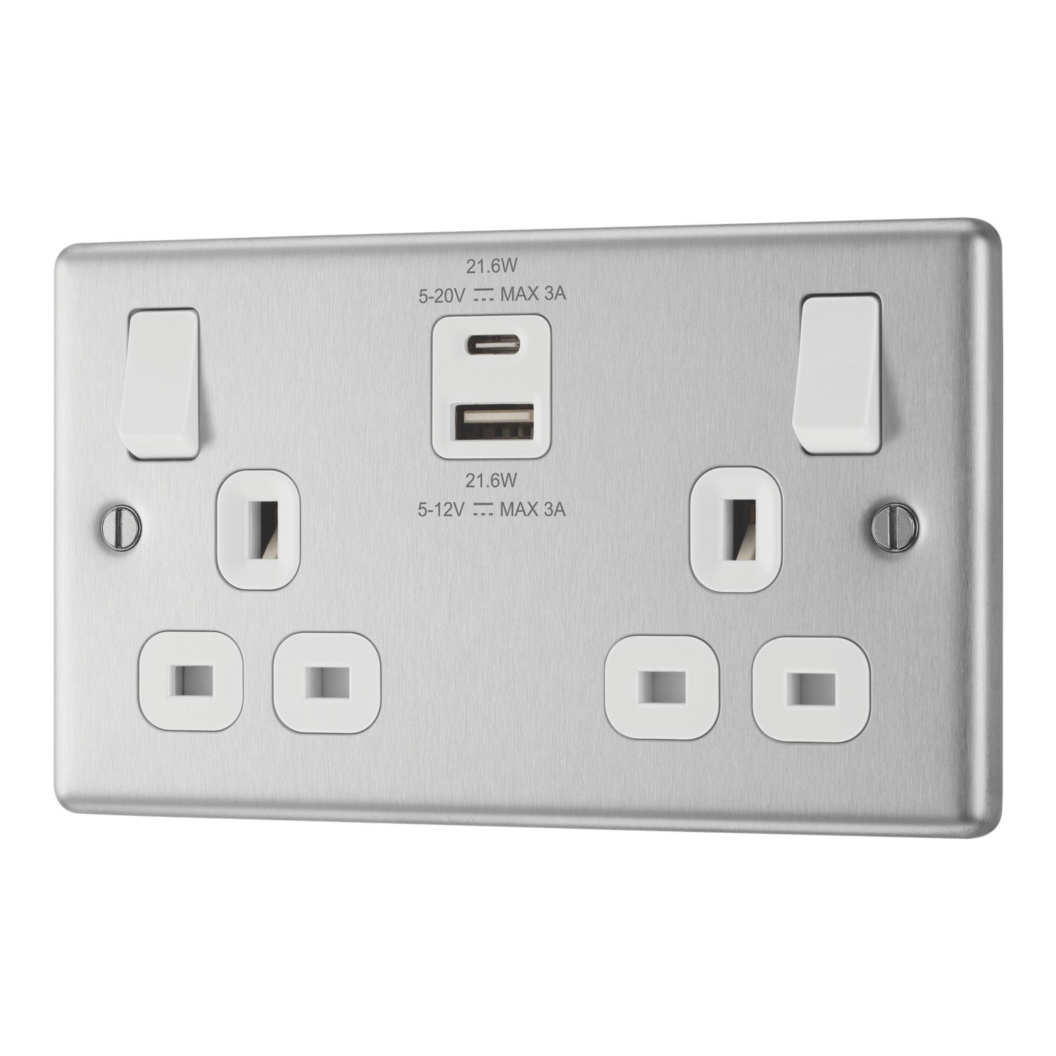 LAP 13A 2-Gang SP Switched Socket + 3A 22W 2-Outlet Type A & C USB Charger Brushed Steel with White Inserts (739PN)