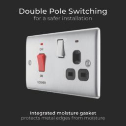 British General Nexus Metal 45A 1-Gang DP Cooker Switch & 13A DP Switched Socket Brushed Steel with LED with Black Inserts