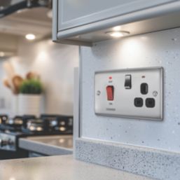 British General Nexus Metal 45A 1-Gang DP Cooker Switch & 13A DP Switched Socket Brushed Steel with LED with Black Inserts