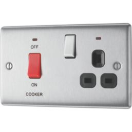 British General Nexus Metal 45A 1-Gang DP Cooker Switch & 13A DP Switched Socket Brushed Steel with LED with Black Inserts