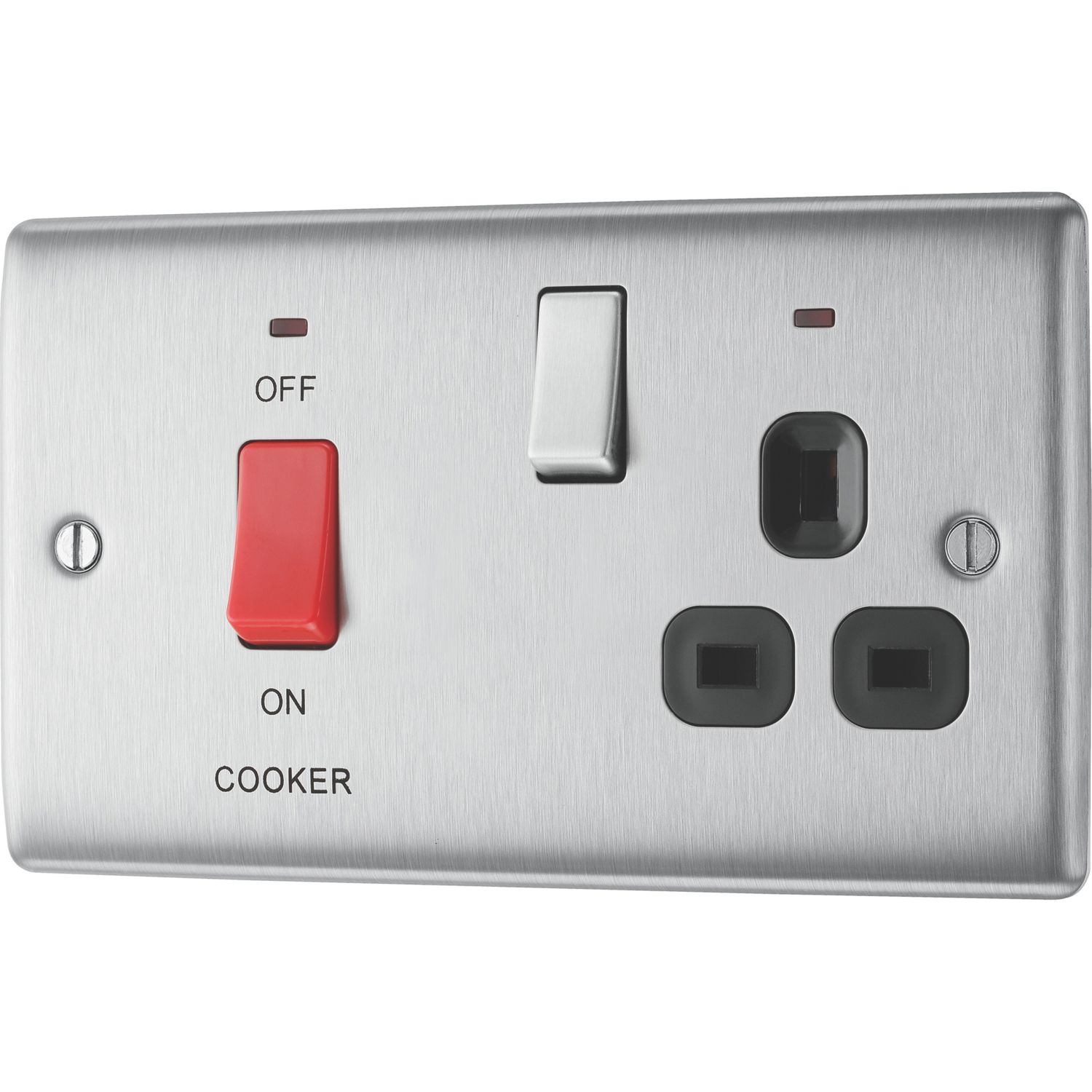British General Nexus Metal 45A 1-Gang DP Cooker Switch & 13A DP Switched Socket Brushed Steel with LED with Black Inserts (739XF)