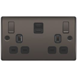 British General Nexus Metal 13A 2-Gang SP Switched Socket + 3A 45W 2-Outlet Type A & C USB Charger Black Nickel with Black Inserts