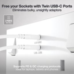 British General 900 Series 13A 2-Gang SP Switched Socket + 3.25A 65W 2-Outlet Type C USB Charger White