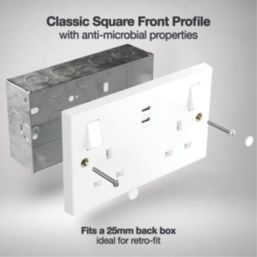 British General 900 Series 13A 2-Gang SP Switched Socket + 3.25A 65W 2-Outlet Type C USB Charger White