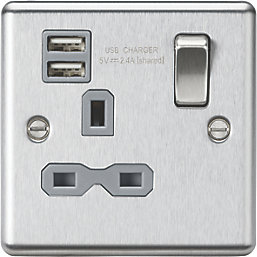 Knightsbridge  13A 1-Gang SP Switched Socket + 2.4A 2-Outlet Type A USB Charger Brushed Chrome with Colour-Matched Inserts