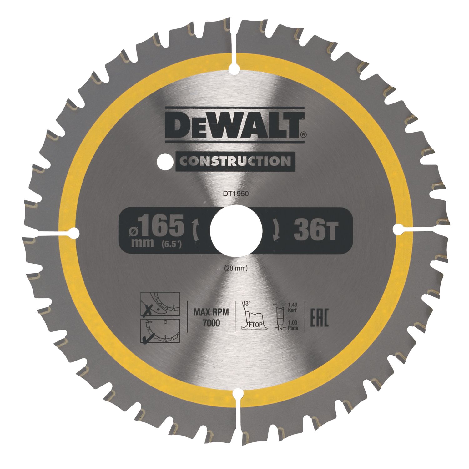 DeWalt Aluminium Circular Saw Blade 165mm x 20mm 36T (7428T)