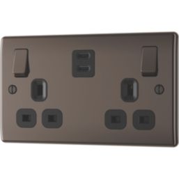 British General Nexus Metal 13A 2-Gang SP Switched Socket + 3.25A 45W 2-Outlet Type C USB Charger Black Nickel with Black Inserts