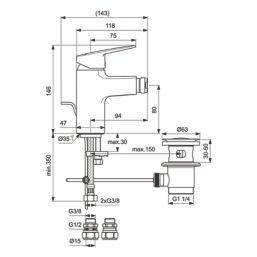 Ideal Standard Ceraplan Chrome 146mm Mono Bidet Mixer Tap  With Pop-Up Waste