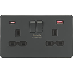 Knightsbridge  13A 2-Gang DP Switched Socket + 4.0A 18W 2-Outlet Type A & C USB Charger Anthracite with Black Inserts