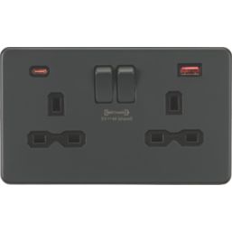 Knightsbridge SFR9909AT 13A 2-Gang DP Switched Socket + 4.0A 2-Outlet Type A & C USB Charger Anthracite with Black Inserts