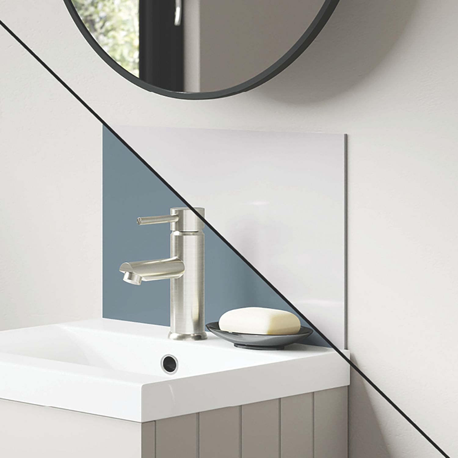 Splashwall Vanity Splashback Gloss Glacier White/Neptune Blue 250mm x 400mm x 4mm (743KU)