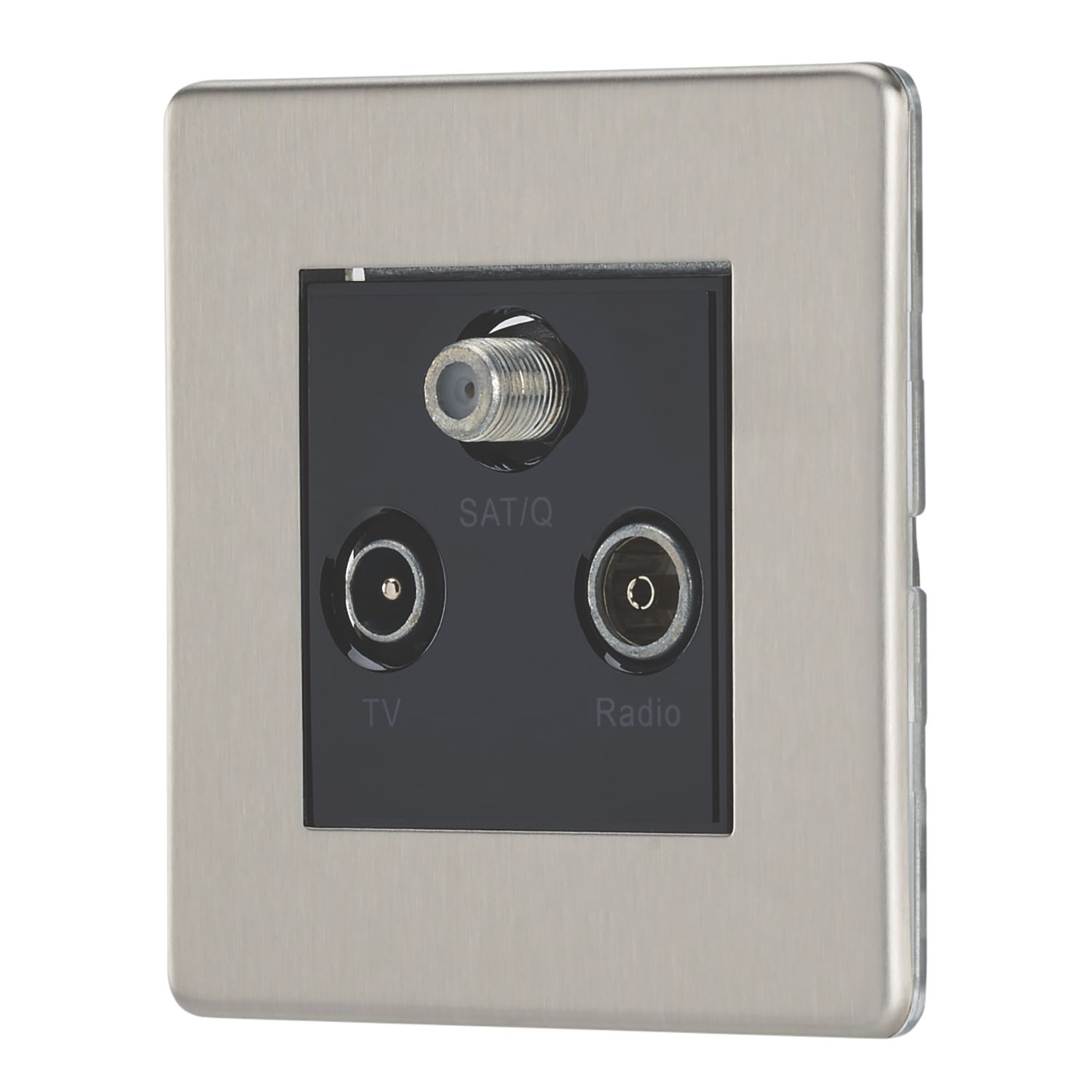 Contactum Lyric 1-Gang Coaxial TV / FM & Satellite Socket Brushed Steel with Black Inserts (743RP)
