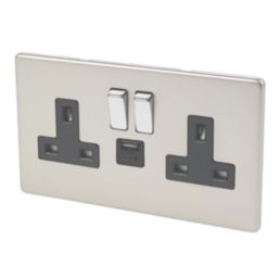 Varilight  13A 2-Gang 1P+N Switched Socket + 4A 20W 2-Outlet Type A & C USB Charger Satin Chrome with Black Inserts