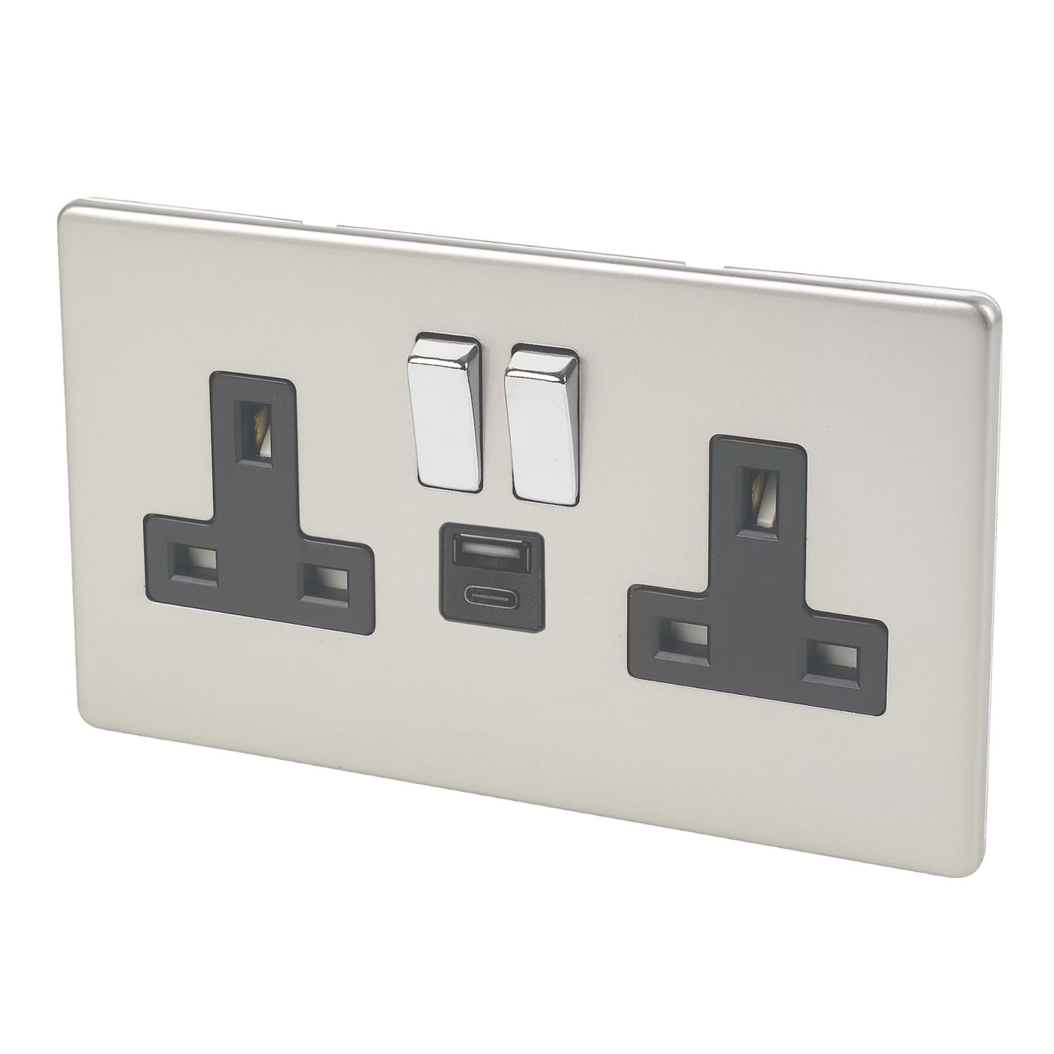 Varilight 13A 2-Gang 1P+N Switched Socket + 4A 20W 2-Outlet Type A & C USB Charger Satin Chrome with Black Inserts (743YT)