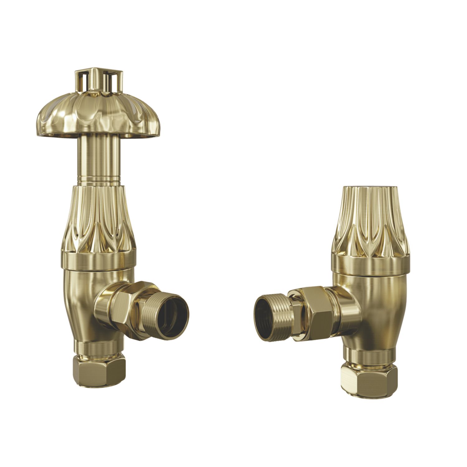 ETAL Ealing 15mm x 1/2" Brushed Brass Angled Traditional Thermostatic Radiator Valve & Lockshield (744RT)