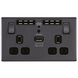 LAP  13A 2-Gang SP Switched Wi-Fi Extender Socket + 2.1A 10.5W 1-Outlet Type A USB Charger Slate-Effect with Black Inserts