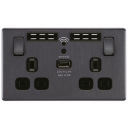 LAP  13A 2-Gang SP Switched Wi-Fi Extender Socket + 2.1A 10.5W 1-Outlet Type A USB Charger Slate-Effect with Black Inserts