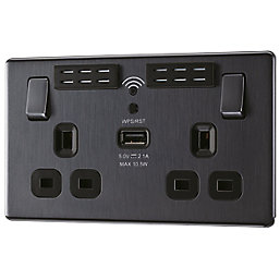 LAP  13A 2-Gang SP Switched Wi-Fi Extender Socket + 2.1A 10.5W 1-Outlet Type A USB Charger Slate-Effect with Black Inserts