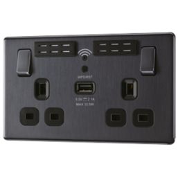 LAP  13A 2-Gang SP Switched Wi-Fi Extender Socket + 2.1A 10.5W 1-Outlet Type A USB Charger Slate-Effect with Black Inserts