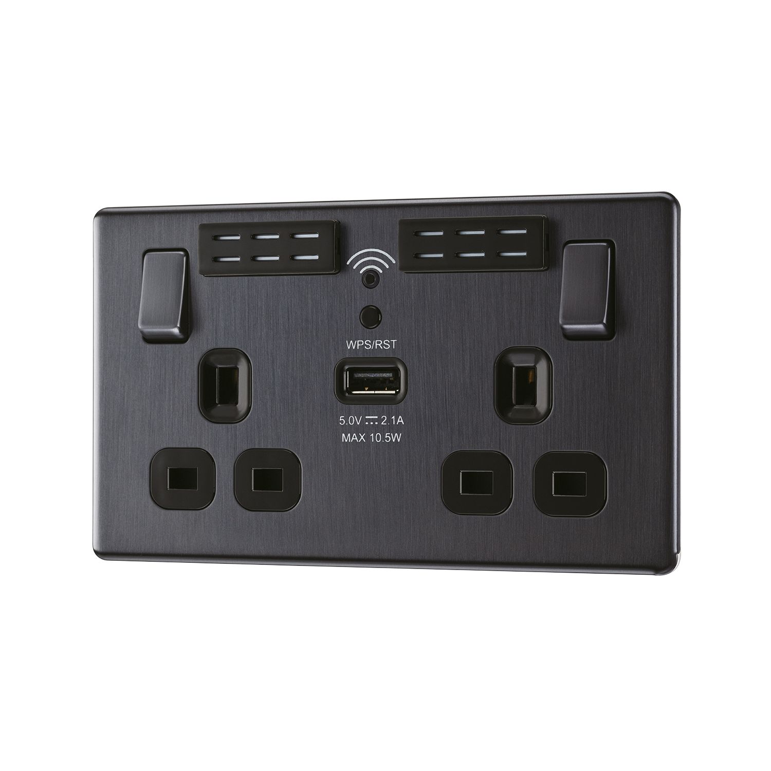 LAP 13A 2-Gang SP Switched Wi-Fi Extender Socket + 2.1A 10.5W 1-Outlet Type A USB Charger Slate-Effect with Black Inserts (745KJ)