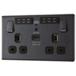 LAP  13A 2-Gang SP Switched Wi-Fi Extender Socket + 2.1A 1-Outlet Type A USB Charger Slate-Effect with Black Inserts