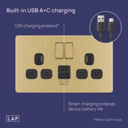 LAP  13A 2-Gang SP Switched Socket + 2.4A 12W 2-Outlet Type A & C USB Charger Satin Brass with Black Inserts