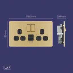 LAP  13A 2-Gang SP Switched Socket + 2.4A 12W 2-Outlet Type A & C USB Charger Satin Brass with Black Inserts