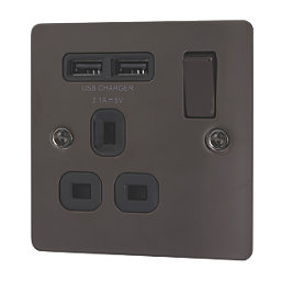 LAP  13A 1-Gang SP Switched Socket + 2.1A 10.5W 2-Outlet Type A USB Charger Black Nickel with Black Inserts