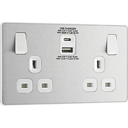 British General Evolve 13A 2-Gang SP Switched Socket + 3A 2-Outlet Type A & C USB Charger Brushed Steel with White Inserts