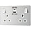 British General Evolve 13A 2-Gang SP Switched Socket + 3A 2-Outlet Type A & C USB Charger Brushed Steel with White Inserts