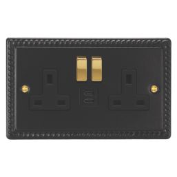 Varilight  13A 2-Gang SP Switched Socket + 3A 45W 2-Outlet Type C USB Charger Georgian Black with Black Inserts