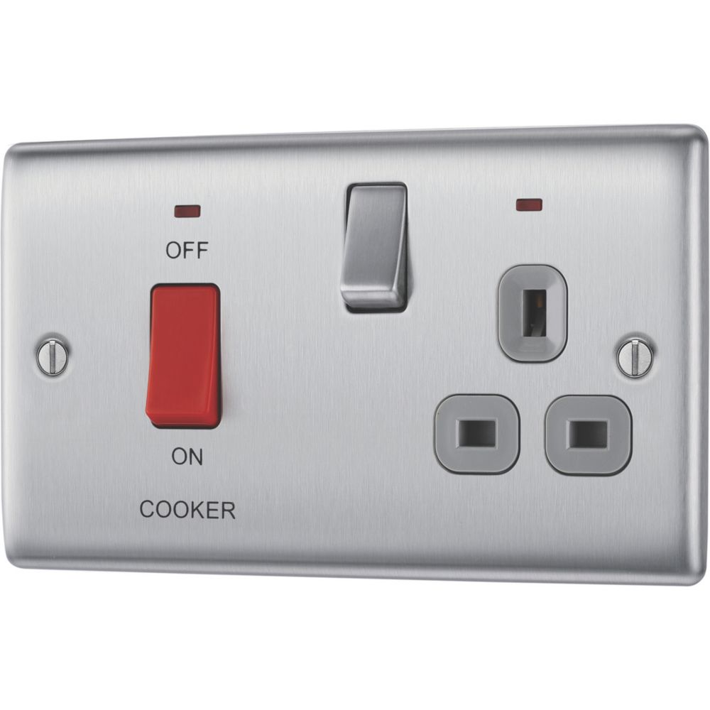 British General Nexus Metal 45A 2-Gang DP Cooker Switch & 13A DP Switched Socket Brushed Steel with LED with Graphite Inserts