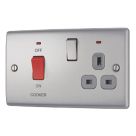 British General Nexus Metal 45A 2-Gang DP Cooker Switch & 13A DP Switched Socket Brushed Steel with LED with Graphite Inserts
