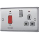 British General Nexus Metal 45A 2-Gang DP Cooker Switch & 13A DP Switched Socket Brushed Steel with LED with Graphite Inserts