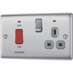 British General Nexus Metal 45A 2-Gang DP Cooker Switch & 13A DP Switched Socket Brushed Steel with LED with Graphite Inserts