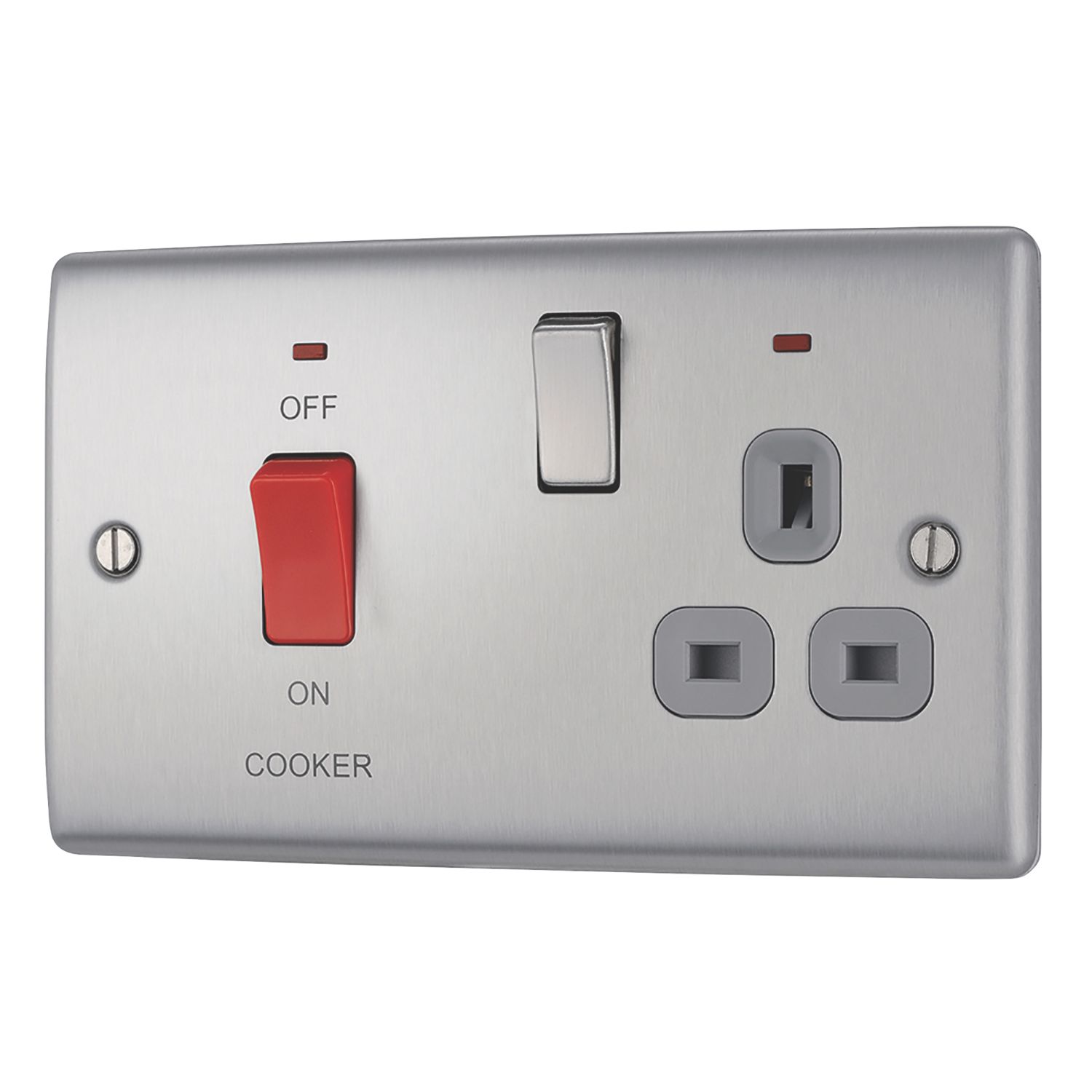 British General Nexus Metal 45A 2-Gang DP Cooker Switch & 13A DP Switched Socket Brushed Steel with LED with Graphite Inserts (74857)