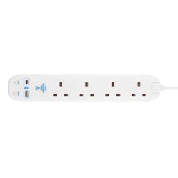 Masterplug 13A 4-Gang Unswitched Surge-Protected Extension Lead + 2.1A 2-Outlet Type A & C USB Charger White 4m