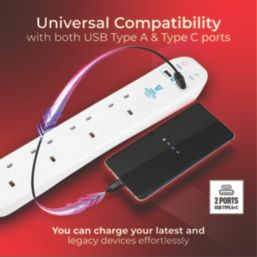 Masterplug 13A 4-Gang Unswitched Surge-Protected Extension Lead + 2.1A 2-Outlet Type A & C USB Charger White 4m