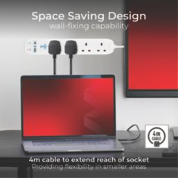 Masterplug 13A 4-Gang Unswitched Surge-Protected Extension Lead + 2.1A 2-Outlet Type A & C USB Charger White 4m