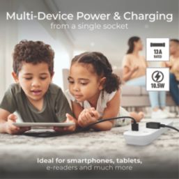 Masterplug 13A 4-Gang Unswitched Surge-Protected Extension Lead + 2.1A 2-Outlet Type A & C USB Charger White 4m