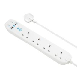 Masterplug 13A 4-Gang Unswitched Surge-Protected Extension Lead + 2.1A 2-Outlet Type A & C USB Charger White 4m